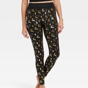 Women's Black/Gold Foil Print Reindeer Seamless Fleece Lined Leggings Size: L/XL